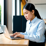 A professional young Thai entrepreneur, fully clothed in modest business attire, sits attentively at a modern desk in a sunlit co-working space. A laptop displays a clean, generic food delivery application interface on its screen. A simple coffee cup rests beside the laptop. The scene conveys focus and digital adaptation in a small business setting. Perfect anatomy, correct proportions, natural pose, well-formed hands, proper finger count, natural body proportions. Professional photography, high quality, sharp focus, vibrant colors, soft natural light. Safe for work, appropriate content, fully clothed, professional, modest, family-friendly.