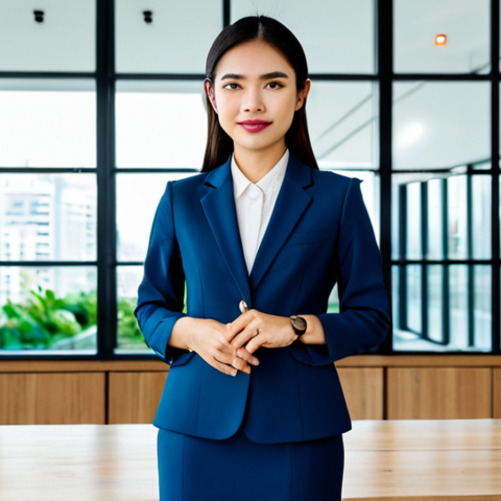 **

A Thai woman in a professional, modest business suit, standing confidently in front of a modern co-working space in Bangkok, fully clothed, appropriate attire, safe for work, perfect anatomy, natural proportions, professional photography, family-friendly, vibrant colors, focus on innovation and collaboration, well-formed hands, proper finger count.

**