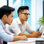 제약 기반 창의성과 심리적 안전 - A modern Thai office environment showing a diverse creative team engaged in a brainstorming session,...