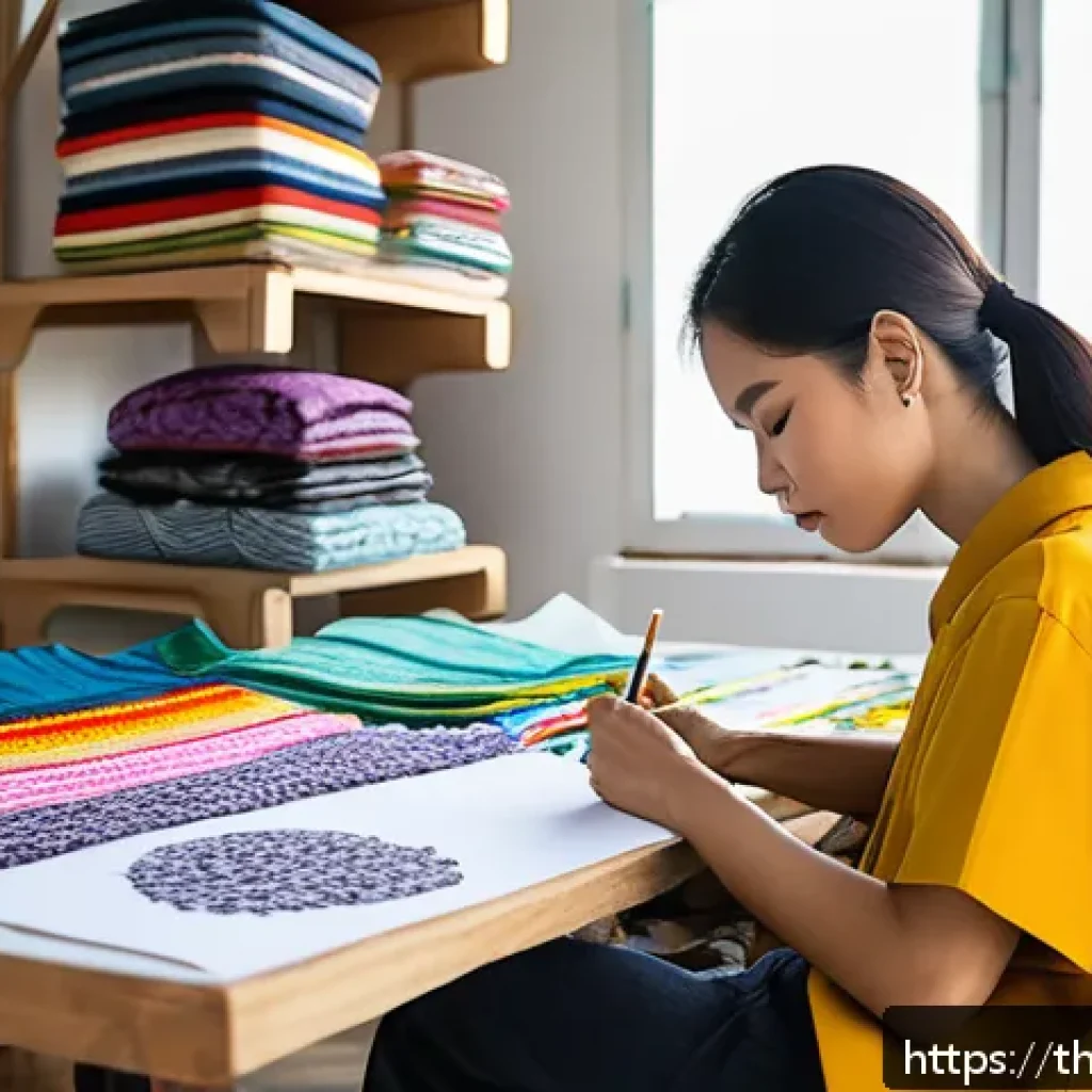 제약 기반 창의성의 이론적 근거 - A creative Thai fashion designer in a bright studio, surrounded by colorful recycled fabrics and sew...