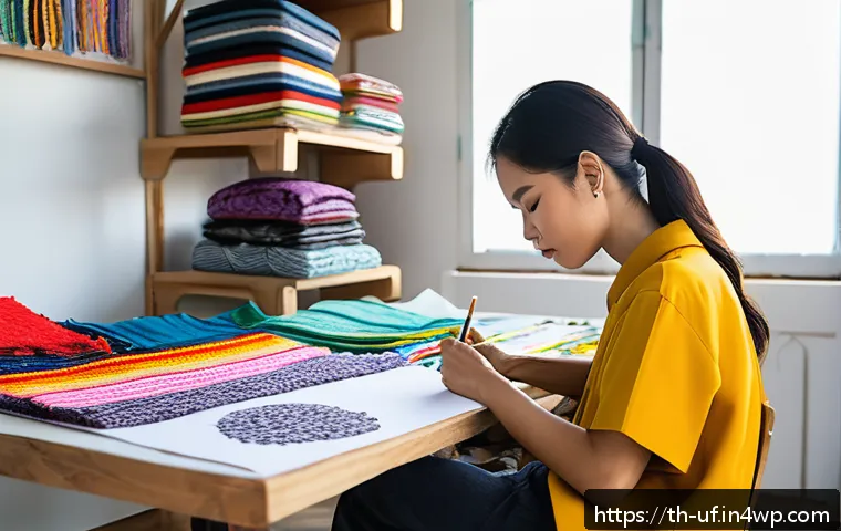 제약 기반 창의성의 이론적 근거 - A creative Thai fashion designer in a bright studio, surrounded by colorful recycled fabrics and sew...