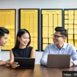 제약 기반 창의성을 통한 조직의 비전 수립 - A modern corporate office scene in Bangkok, Thailand, showing a diverse team of professionals brains...