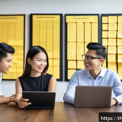 제약 기반 창의성을 통한 조직의 비전 수립 - A modern corporate office scene in Bangkok, Thailand, showing a diverse team of professionals brains...
